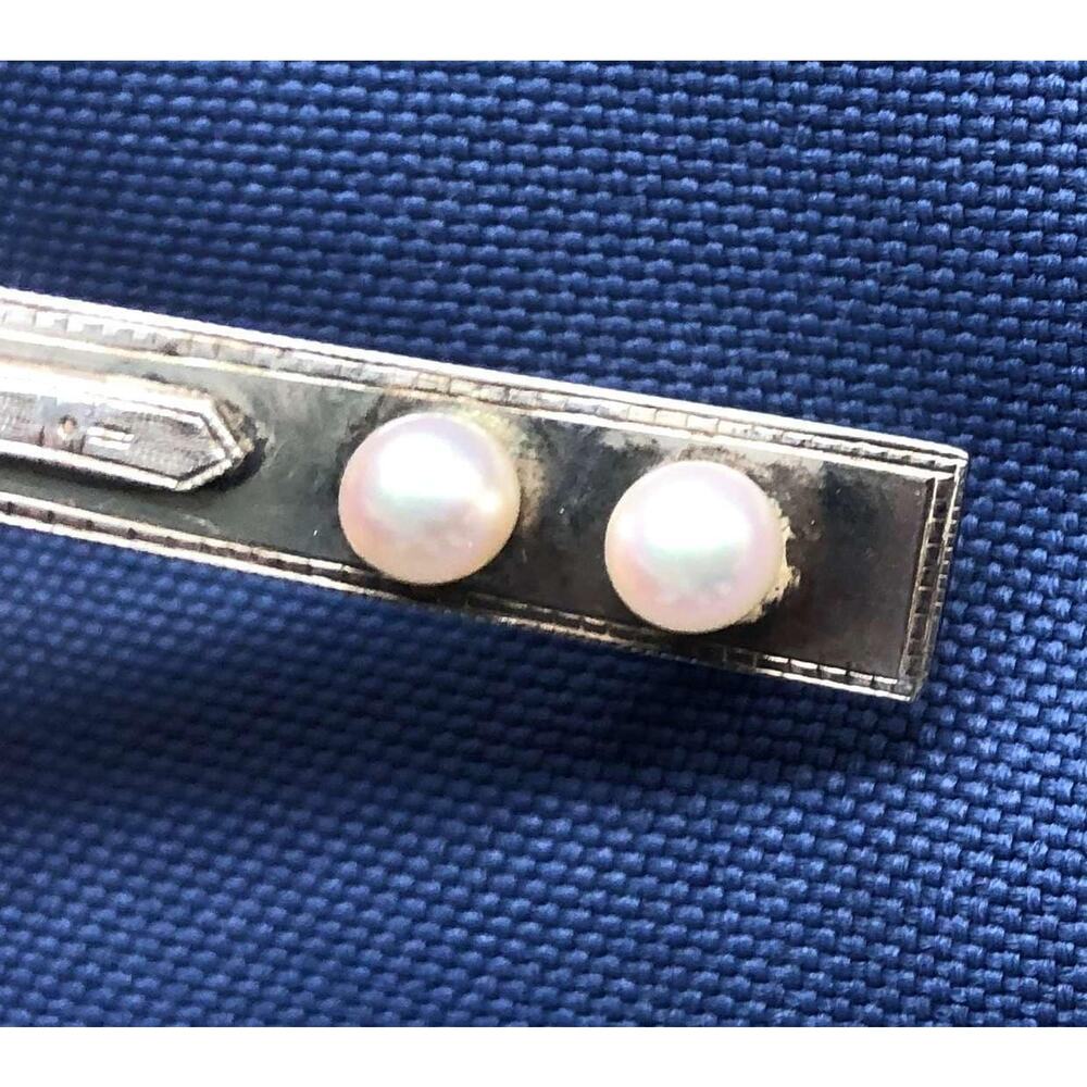 Vintage Mikimoto Silver and Double Pearl Tie Bar